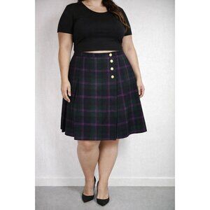Vtg 90's Valerie Stevens Plaid PURE WOOL Pleated Button Green Purple Skirt